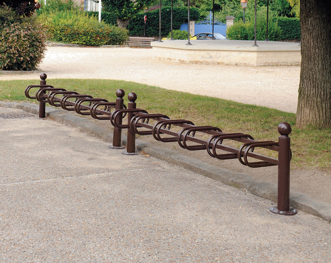 A province bike rack in brown with sphere top caps