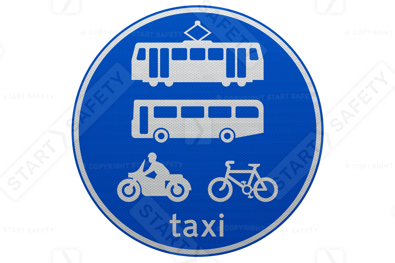 Tramcars, Buses, Cycles, Motorbikes and Taxis Only Post Mounted Sign 